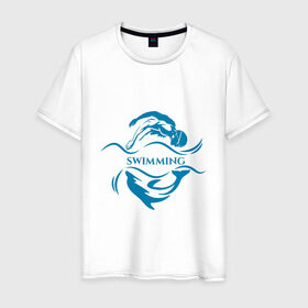 Мужская футболка хлопок с принтом Плавание в Петрозаводске, 100% хлопок | прямой крой, круглый вырез горловины, длина до линии бедер, слегка спущенное плечо. | бассейн | вода | волна | дельфин | плавание | пловец