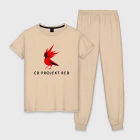 Женская пижама хлопок с принтом CD RPOJECT RED в Петрозаводске, 100% хлопок | брюки и футболка прямого кроя, без карманов, на брюках мягкая резинка на поясе и по низу штанин | 2019 | cd project red | cyberpunk 2077 | future | hack | night city | samurai | sci fi | андроиды | безумие | будущее | киберпанк 2077 | логотип | роботы | самураи | фантастика | цифры