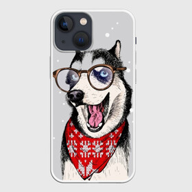 Чехол для iPhone 13 mini с принтом Хаски в Петрозаводске,  |  | animal | blue | breed | dog | drawing | eyes | graphic | husky | jaws | knitted | open | ornament | pattern | shawl | snow | winter | вязаный | глаза | голубые | графический | животное | зима | орнамент | открытая | очки | платок | порода | рису