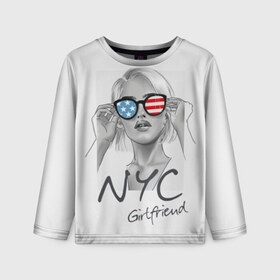 Детский лонгслив 3D с принтом NYC girlfriend в Петрозаводске, 100% полиэстер | длинные рукава, круглый вырез горловины, полуприлегающий силуэт
 | Тематика изображения на принте: beautiful | blonde | city | flag | girl | girlfriend | new york | reflection | stars | stripes | usa | блондинка | город | девушка | звезды | красивая | нью йорк | отражение | очки | подруга | полосы | сша | флаг