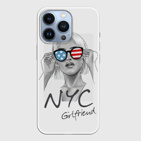 Чехол для iPhone 13 Pro с принтом NYC girlfriend в Петрозаводске,  |  | beautiful | blonde | city | flag | girl | girlfriend | new york | reflection | stars | stripes | usa | блондинка | город | девушка | звезды | красивая | нью йорк | отражение | очки | подруга | полосы | сша | флаг