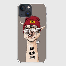 Чехол для iPhone 13 mini с принтом llama в Петрозаводске,  |  | animal | dude | flower | grimace | hat | head | hello | inscription | llama | long | neck | street | style | голова | гримаса | длинная | животное | лама | надпись | очки | привет | стиль | уличный | цветок | чувак | шапка | шея