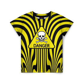 Детская футболка 3D с принтом Danger в Петрозаводске, 100% гипоаллергенный полиэфир | прямой крой, круглый вырез горловины, длина до линии бедер, чуть спущенное плечо, ткань немного тянется | danger | skull | triangle | wave | yellow | волна | желтый | опасность | треугольник | череп