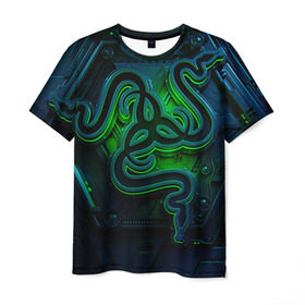 Мужская футболка 3D с принтом RAZER в Петрозаводске, 100% полиэфир | прямой крой, круглый вырез горловины, длина до линии бедер | game | razer | texture | зеленый | игровое лого | игромания | игры | рэйзер | текстуры