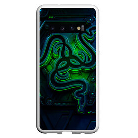 Чехол для Samsung Galaxy S10 с принтом RAZER в Петрозаводске, Силикон | Область печати: задняя сторона чехла, без боковых панелей | Тематика изображения на принте: game | razer | texture | зеленый | игровое лого | игромания | игры | рэйзер | текстуры