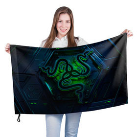 Флаг 3D с принтом RAZER в Петрозаводске, 100% полиэстер | плотность ткани — 95 г/м2, размер — 67 х 109 см. Принт наносится с одной стороны | game | razer | texture | зеленый | игровое лого | игромания | игры | рэйзер | текстуры
