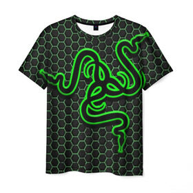 Мужская футболка 3D с принтом RAZER в Петрозаводске, 100% полиэфир | прямой крой, круглый вырез горловины, длина до линии бедер | game | razer | texture | зеленый | игровое лого | игромания | игры | рэйзер | текстуры