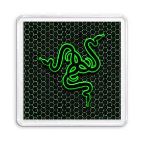 Магнит 55*55 с принтом RAZER в Петрозаводске, Пластик | Размер: 65*65 мм; Размер печати: 55*55 мм | Тематика изображения на принте: game | razer | texture | зеленый | игровое лого | игромания | игры | рэйзер | текстуры