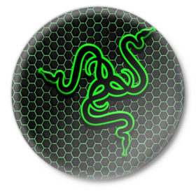 Значок с принтом RAZER в Петрозаводске,  металл | круглая форма, металлическая застежка в виде булавки | game | razer | texture | зеленый | игровое лого | игромания | игры | рэйзер | текстуры