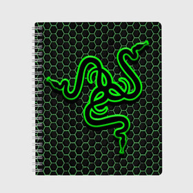 Тетрадь с принтом RAZER в Петрозаводске, 100% бумага | 48 листов, плотность листов — 60 г/м2, плотность картонной обложки — 250 г/м2. Листы скреплены сбоку удобной пружинной спиралью. Уголки страниц и обложки скругленные. Цвет линий — светло-серый
 | Тематика изображения на принте: game | razer | texture | зеленый | игровое лого | игромания | игры | рэйзер | текстуры