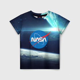 Детская футболка 3D с принтом NASA в Петрозаводске, 100% гипоаллергенный полиэфир | прямой крой, круглый вырез горловины, длина до линии бедер, чуть спущенное плечо, ткань немного тянется | galaxy | nasa | nebula | space | star | абстракция | вселенная | галактика | звезда | звезды | космический | наса | планеты