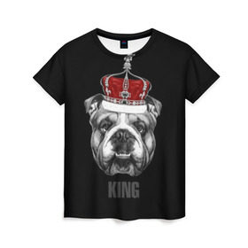 Женская футболка 3D с принтом Английский бульдог с короной в Петрозаводске, 100% полиэфир ( синтетическое хлопкоподобное полотно) | прямой крой, круглый вырез горловины, длина до линии бедер | animals | authority | breed | bulldog | cool | crown | dog | english | fighting | head | illustration | inscription | king | muzzle | supreme | swag | авторитет | английский | бойцовый | бульдог | верховный | голова | животные | иллюстрация | король | кор