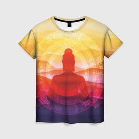Женская футболка 3D с принтом Будда в Петрозаводске, 100% полиэфир ( синтетическое хлопкоподобное полотно) | прямой крой, круглый вырез горловины, длина до линии бедер | Тематика изображения на принте: buddha | calm | color | enlightenment | india | meditatio | mountains | nature | purple | red | religion | symbol | yellow | yoga | будда | горы | духовность | желтый | индия | йога | красный | медитация | природа | просветление | расслабление | религия |