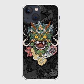 Чехол для iPhone 13 mini с принтом Дракон в Петрозаводске,  |  | character | dragon | east | eyes | fangs | horns | japan | japanese | legend | mask | mythological | pattern | yellow | восток | глаза | дракон | желтые | клыки | легенда | маска | мифологический | персонаж | рога | узор | япония | японский