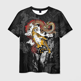 Мужская футболка 3D с принтом Тигр и дракон в Петрозаводске, 100% полиэфир | прямой крой, круглый вырез горловины, длина до линии бедер | animals | clouds | country | dragon | east | fangs | japanese | mythical | nature | predator | rising | sun | tiger | восток | восходящего | дракон | животные | клыки | мифический | облака | природа | солнца | страна | тигр | хищник | японский