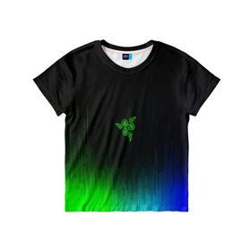 Детская футболка 3D с принтом RAZER NEON в Петрозаводске, 100% гипоаллергенный полиэфир | прямой крой, круглый вырез горловины, длина до линии бедер, чуть спущенное плечо, ткань немного тянется | game | razer | texture | зеленый | игровое лого | игромания | игры | рэйзер | текстуры
