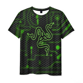 Мужская футболка 3D с принтом RAZER CARBON в Петрозаводске, 100% полиэфир | прямой крой, круглый вырез горловины, длина до линии бедер | game | razer | texture | зеленый | игровое лого | игромания | игры | рэйзер | текстуры