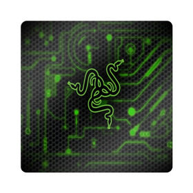 Магнит виниловый Квадрат с принтом RAZER CARBON в Петрозаводске, полимерный материал с магнитным слоем | размер 9*9 см, закругленные углы | game | razer | texture | зеленый | игровое лого | игромания | игры | рэйзер | текстуры