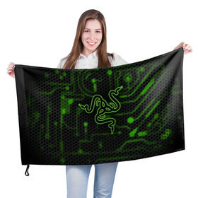 Флаг 3D с принтом RAZER CARBON в Петрозаводске, 100% полиэстер | плотность ткани — 95 г/м2, размер — 67 х 109 см. Принт наносится с одной стороны | game | razer | texture | зеленый | игровое лого | игромания | игры | рэйзер | текстуры