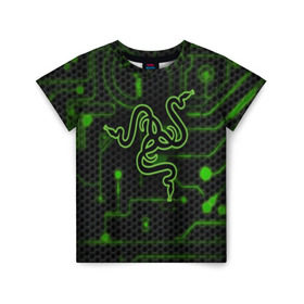 Детская футболка 3D с принтом RAZER CARBON в Петрозаводске, 100% гипоаллергенный полиэфир | прямой крой, круглый вырез горловины, длина до линии бедер, чуть спущенное плечо, ткань немного тянется | game | razer | texture | зеленый | игровое лого | игромания | игры | рэйзер | текстуры