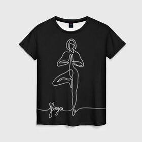 Женская футболка 3D с принтом Йога в Петрозаводске, 100% полиэфир ( синтетическое хлопкоподобное полотно) | прямой крой, круглый вырез горловины, длина до линии бедер | black and white | culture | girl | graphics | indian | line | meditation | pose | yoga | графика | девушка | индийская | йога | культура | линия | медитация | черно белая