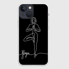 Чехол для iPhone 13 mini с принтом Йога в Петрозаводске,  |  | black and white | culture | girl | graphics | indian | line | meditation | pose | yoga | графика | девушка | индийская | йога | культура | линия | медитация | черно белая