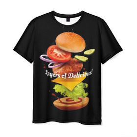 Мужская футболка 3D с принтом Гамбургер в Петрозаводске, 100% полиэфир | прямой крой, круглый вырез горловины, длина до линии бедер | bun | cheese | cucumber | explosion | hamburger | ingredients | inscription | ketchup | meat | onion | salad | sesame | share | tomato | tomatoes | булочка | взрыв | гамбургер | доля | ингредиенты | кетчуп | кунжут | лук | мясо | надпись | огурец | помидо