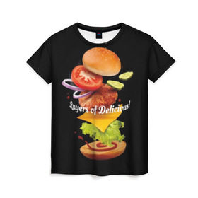 Женская футболка 3D с принтом Гамбургер в Петрозаводске, 100% полиэфир ( синтетическое хлопкоподобное полотно) | прямой крой, круглый вырез горловины, длина до линии бедер | bun | cheese | cucumber | explosion | hamburger | ingredients | inscription | ketchup | meat | onion | salad | sesame | share | tomato | tomatoes | булочка | взрыв | гамбургер | доля | ингредиенты | кетчуп | кунжут | лук | мясо | надпись | огурец | помидо