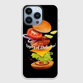 Чехол для iPhone 13 Pro с принтом Гамбургер в Петрозаводске,  |  | bun | cheese | cucumber | explosion | hamburger | ingredients | inscription | ketchup | meat | onion | salad | sesame | share | tomato | tomatoes | булочка | взрыв | гамбургер | доля | ингредиенты | кетчуп | кунжут | лук | мясо | надпись | огурец | помидо