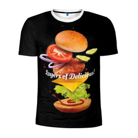 Мужская футболка 3D спортивная с принтом Гамбургер в Петрозаводске, 100% полиэстер с улучшенными характеристиками | приталенный силуэт, круглая горловина, широкие плечи, сужается к линии бедра | bun | cheese | cucumber | explosion | hamburger | ingredients | inscription | ketchup | meat | onion | salad | sesame | share | tomato | tomatoes | булочка | взрыв | гамбургер | доля | ингредиенты | кетчуп | кунжут | лук | мясо | надпись | огурец | помидо