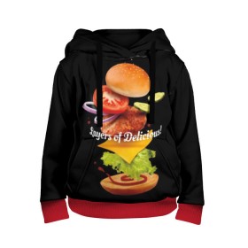 Детская толстовка 3D с принтом Гамбургер в Петрозаводске, 100% полиэстер | двухслойный капюшон со шнурком для регулировки, мягкие манжеты на рукавах и по низу толстовки, спереди карман-кенгуру с мягким внутренним слоем | Тематика изображения на принте: bun | cheese | cucumber | explosion | hamburger | ingredients | inscription | ketchup | meat | onion | salad | sesame | share | tomato | tomatoes | булочка | взрыв | гамбургер | доля | ингредиенты | кетчуп | кунжут | лук | мясо | надпись | огурец | помидо
