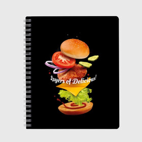Тетрадь с принтом Гамбургер в Петрозаводске, 100% бумага | 48 листов, плотность листов — 60 г/м2, плотность картонной обложки — 250 г/м2. Листы скреплены сбоку удобной пружинной спиралью. Уголки страниц и обложки скругленные. Цвет линий — светло-серый
 | Тематика изображения на принте: bun | cheese | cucumber | explosion | hamburger | ingredients | inscription | ketchup | meat | onion | salad | sesame | share | tomato | tomatoes | булочка | взрыв | гамбургер | доля | ингредиенты | кетчуп | кунжут | лук | мясо | надпись | огурец | помидо