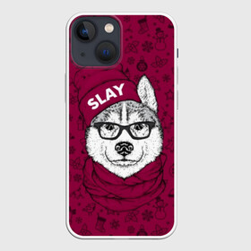 Чехол для iPhone 13 mini с принтом Хаски в Петрозаводске,  |  | animals | breed | christmas | dog | fashionable | hat | head | holiday | husky | illustration | muzzle | riding | scarf | style | голова | ездовая | животные | иллюстрация | модный | очки | порода | праздник | рождество | собака | стиль 