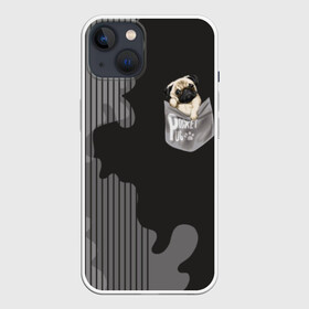 Чехол для iPhone 13 с принтом Мопс в кармане в Петрозаводске,  |  | animal | breed | dog | funny | illustration | imprint | paw | pocket | pug | puppy | sits | small | trace | животное | иллюстрация | карман | лапа | маленький | мопс | отпечаток | порода | сидит | след | смешная | собака | щенок