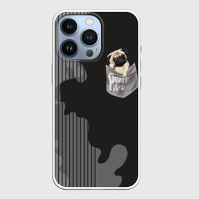 Чехол для iPhone 13 Pro с принтом Мопс в кармане в Петрозаводске,  |  | animal | breed | dog | funny | illustration | imprint | paw | pocket | pug | puppy | sits | small | trace | животное | иллюстрация | карман | лапа | маленький | мопс | отпечаток | порода | сидит | след | смешная | собака | щенок
