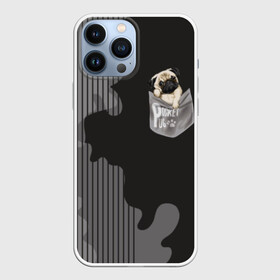 Чехол для iPhone 13 Pro Max с принтом Мопс в кармане в Петрозаводске,  |  | animal | breed | dog | funny | illustration | imprint | paw | pocket | pug | puppy | sits | small | trace | животное | иллюстрация | карман | лапа | маленький | мопс | отпечаток | порода | сидит | след | смешная | собака | щенок