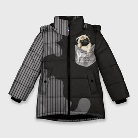 Зимняя куртка для девочек 3D с принтом Мопс в кармане в Петрозаводске, ткань верха — 100% полиэстер; подклад — 100% полиэстер, утеплитель — 100% полиэстер. | длина ниже бедра, удлиненная спинка, воротник стойка и отстегивающийся капюшон. Есть боковые карманы с листочкой на кнопках, утяжки по низу изделия и внутренний карман на молнии. 

Предусмотрены светоотражающий принт на спинке, радужный светоотражающий элемент на пуллере молнии и на резинке для утяжки. | animal | breed | dog | funny | illustration | imprint | paw | pocket | pug | puppy | sits | small | trace | животное | иллюстрация | карман | лапа | маленький | мопс | отпечаток | порода | сидит | след | смешная | собака | щенок