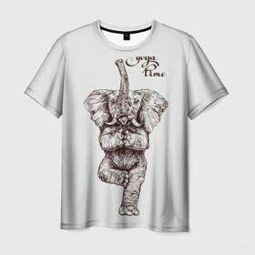 Мужская футболка 3D с принтом Yoga time в Петрозаводске, 100% полиэфир | прямой крой, круглый вырез горловины, длина до линии бедер | animal | culture | elephant | graphics | india | indian | meditation | posture | stand | yoga | графика | животное | индийский | индия | йога | культура | медитация | слон | стойка