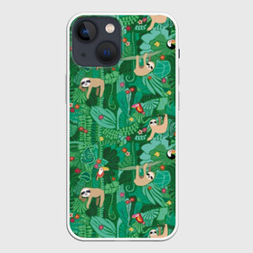 Чехол для iPhone 13 mini с принтом Ленивцы в Петрозаводске,  |  | animal | birds | branches | cute | flowers | forest | hang | jungle | sloths | toucans | trees | tropical | ветки | висят | деревья | джунгли | животное | ленивцы | лес | милые | птицы | тропический | туканы | цветы