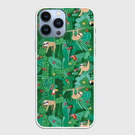 Чехол для iPhone 13 Pro Max с принтом Ленивцы в Петрозаводске,  |  | animal | birds | branches | cute | flowers | forest | hang | jungle | sloths | toucans | trees | tropical | ветки | висят | деревья | джунгли | животное | ленивцы | лес | милые | птицы | тропический | туканы | цветы