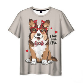 Мужская футболка 3D с принтом I need your love в Петрозаводске, 100% полиэфир | прямой крой, круглый вырез горловины, длина до линии бедер | Тематика изображения на принте: animal | bow tie | breed | corgi | cute | dog | funny | hearts | holiday | pembroke | polka dot | red | saint | valentine | валентина | вельш корги | галстук бабочка | горошек | день | животное | красный | любовь | милая | очки | пемброк | пород