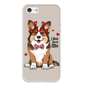 Чехол для iPhone 5/5S матовый с принтом I need your love в Петрозаводске, Силикон | Область печати: задняя сторона чехла, без боковых панелей | animal | bow tie | breed | corgi | cute | dog | funny | hearts | holiday | pembroke | polka dot | red | saint | valentine | валентина | вельш корги | галстук бабочка | горошек | день | животное | красный | любовь | милая | очки | пемброк | пород