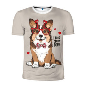 Мужская футболка 3D спортивная с принтом I need your love в Петрозаводске, 100% полиэстер с улучшенными характеристиками | приталенный силуэт, круглая горловина, широкие плечи, сужается к линии бедра | animal | bow tie | breed | corgi | cute | dog | funny | hearts | holiday | pembroke | polka dot | red | saint | valentine | валентина | вельш корги | галстук бабочка | горошек | день | животное | красный | любовь | милая | очки | пемброк | пород