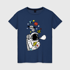 Женская футболка хлопок с принтом Cosmos в Петрозаводске, 100% хлопок | прямой крой, круглый вырез горловины, длина до линии бедер, слегка спущенное плечо | bubble | cosmonaut | cosmos | planets | saturn | space | spacesuit | stars | звезды | космонавт | космос | мыльный пузырь | планеты | сатурн | скафандр