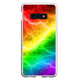 Чехол для Samsung S10E с принтом RAINBOW THUNDER в Петрозаводске, Силикон | Область печати: задняя сторона чехла, без боковых панелей | battle | battle fire | battle thunder | blue | fire | rainbow | red | texture | thunder | битва | битва молний | битва огней | гроза | молнии | радуга | текстура