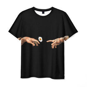 Мужская футболка 3D с принтом Сотворение Адама в Петрозаводске, 100% полиэфир | прямой крой, круглый вырез горловины, длина до линии бедер | палец к пальцу | ромашка | рука к руке | цветы