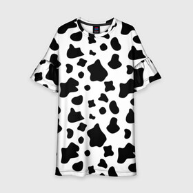 Детское платье 3D с принтом Корова в Петрозаводске, 100% полиэстер | прямой силуэт, чуть расширенный к низу. Круглая горловина, на рукавах — воланы | animal | black white | cow | pattern | животное | кавай | корова | паттерн | пятна | черно белое