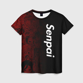 Женская футболка 3D с принтом Senpai (Ahegao) в Петрозаводске, 100% полиэфир ( синтетическое хлопкоподобное полотно) | прямой крой, круглый вырез горловины, длина до линии бедер | 2 versia | ahegao | anime | manga | paint | red | sempai | senpai | sup | supreme | trend | white | аниме | белый | манга | семпай | сенпай | суп | суприм