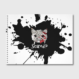 Альбом для рисования с принтом Страшно? в Петрозаводске, 100% бумага
 | матовая бумага, плотность 200 мг. | Тематика изображения на принте: bandage | blood | blot.black | cat | fangs | fear | halloween | horror | kitten | teeth | white | белый | бинт | зубы | клыки | клякса | кот | котенок | кошка | кровь | ужас | хэллоуин | черный