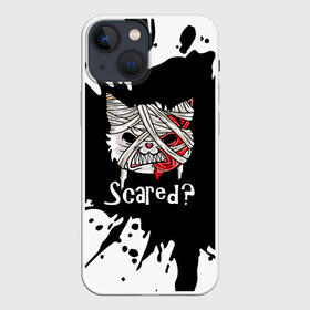 Чехол для iPhone 13 mini с принтом Ну что, страшно в Петрозаводске,  |  | bandage | blood | blot.black | cat | fangs | fear | halloween | horror | kitten | teeth | white | белый | бинт | зубы | клыки | клякса | кот | котенок | кошка | кровь | ужас | хэллоуин | черный